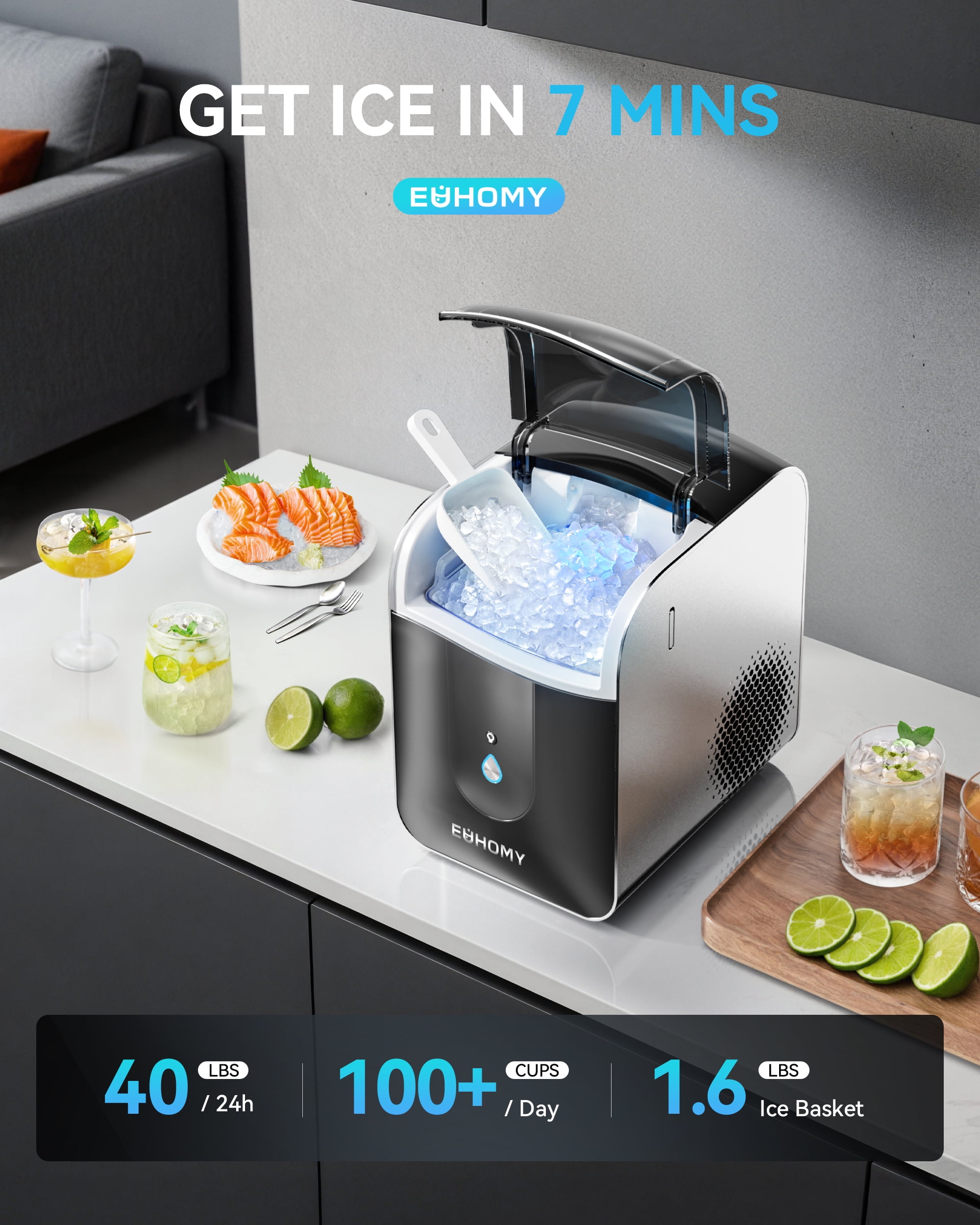 EUHOMY Nugget Ice Maker Countertop, 40Lbs/24H Chewable Pebble Ice Machine with App Control, Black