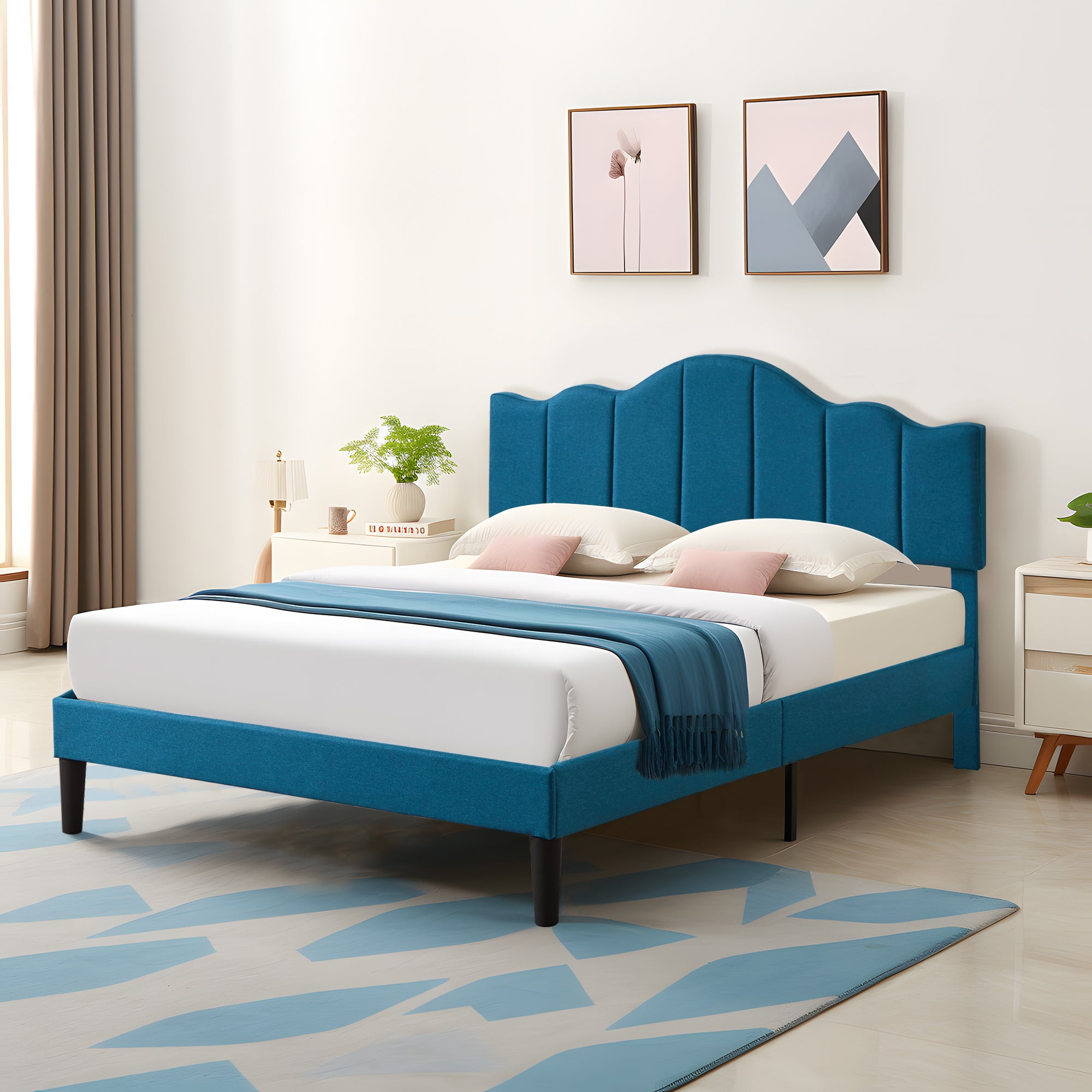 VECELO Queen Size Bed Frame, Upholstered Platform Bed with Adjustable Headboard, Wooden Slats Support, No Box Spring Needed, Easy Assembly, Eco Friendly Packaging, Blue