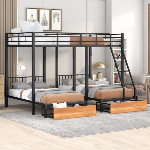 Metal Triple Bunk Bed with Drawers and Middle Table,Can Be Convertible into 3 Beds, Bunkbed for 3,Metal Bed Frame with Ladder & Safety Guardrails & Slats Support, No Box Spring Needed, Black