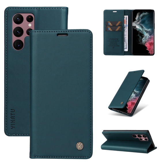 Flip Phone Case for Samsung Galaxy S22 Ultra 5G, Kickstand and 2 Card Slots, Shockproof and Scratch Resistant, Blue