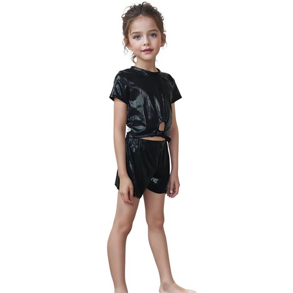 YMNXA Big Kids Girls Top Short Sleeve Round Neck Solid Color Comfortable Fashion Tee For Stage Performance And Casual Wear Black 10-12 Years