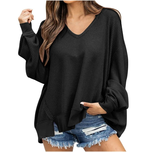 Mujeres Casual Moda Cómodo Jersey Manga Larga Con Cuello En V Blusas Soild Camiseta Pompotops FGAJ15259