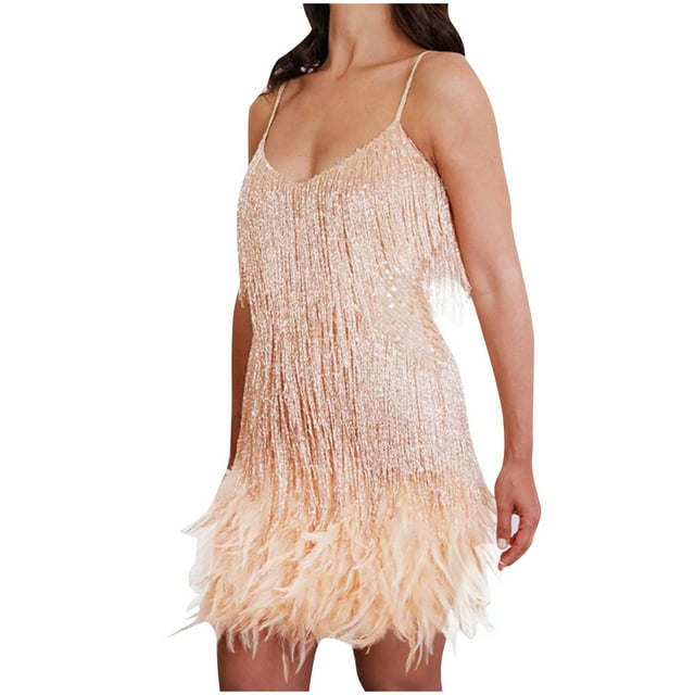 TIMIFIS Robe à Paillettes à Franges pour Femmes, Robe Mini à Bretelles Spaghetti Scintillante et Brillante, Robe de Fête/Boîte de Nuit, Ourlet Portefeuille, Froncée, Robes de Cocktail Automne
