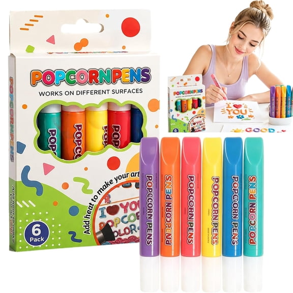 Magic Popcorns Pens 3D Puffy Drawing Kit, Bubble Art Markers for Crafts | Magic Popcorns Pens, Create Raised 3D Puffy With Bubble Pens, Includes 6 Vibrant Colors, Dries With Fun Texture