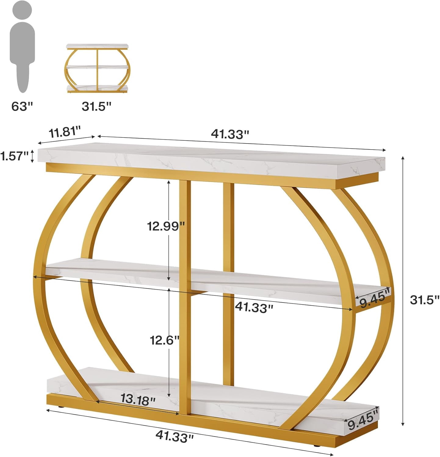 Tribesigns 41.3" Industrial Console Table: 3-Tier, Arched Metal Frame, Entryway Table with Storage Shelves, White & Gold