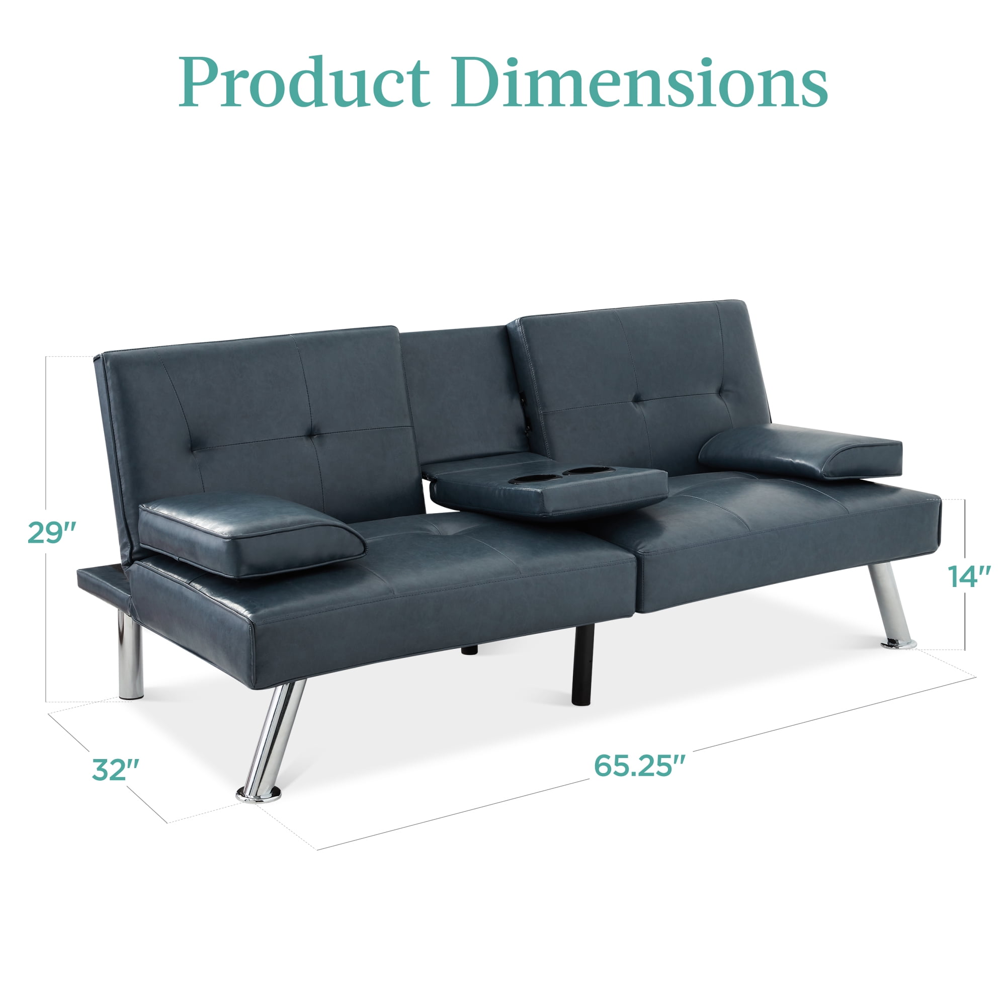Best Choice Products Modern Faux Leather Convertible Futon Sofa w/ Removable Armrests, 2 Cupholders - Blue