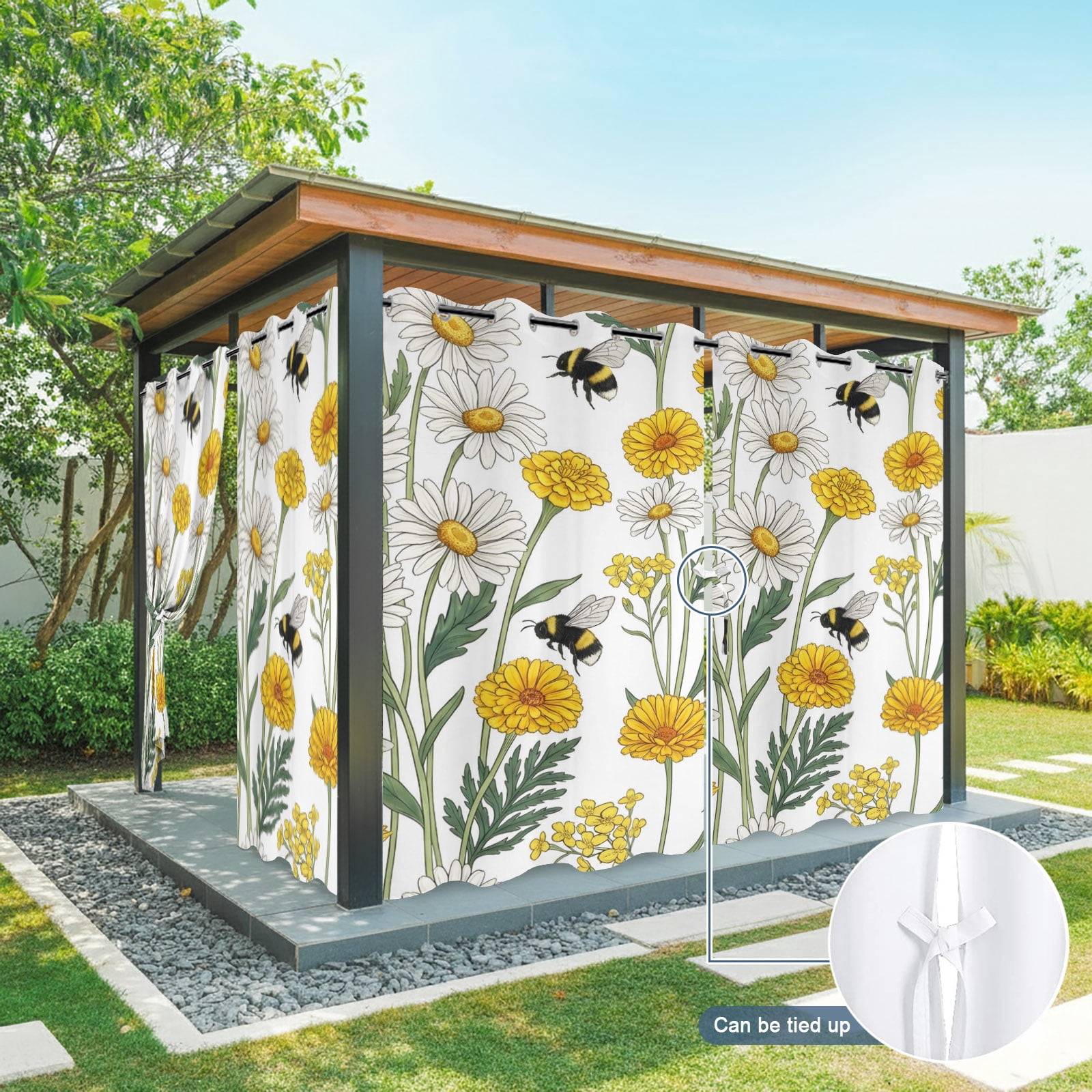 Summer Daisy Outdoor Curtains for Patio, White Yellow Flower Bee Pastoral Floral Leaves Sunshade Privacy Drapes Grommet Waterproof Outside Curtains for Porch/Cabana/Balcony 54"x 108", 1 Panel
