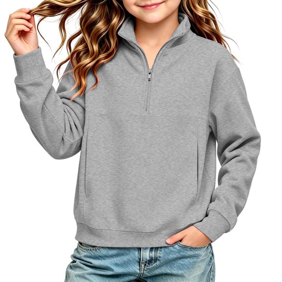 Girls Quarter Zip Sweatshirt Long Sleeve Turtleneck Fashion Casual Kids Pullover Tops Gray 9-10 Years