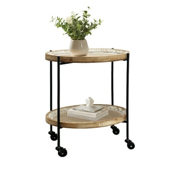 Parisloft Farmhouse Wood and Metal End Table with Wheels, 2-Tier Storage Cart, Rolling Side Table, Accent Sofa Side Table, Service Cart for Living Room, 20.1 x 14 x 24"H
