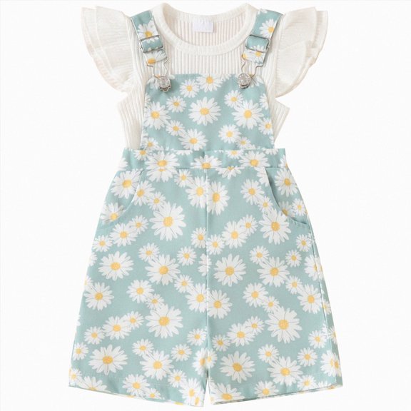 kaprioy Toddler Baby Girls Summer Outfits 12 18 24 Months 2T 3T 4T 5T Solid Color Ribbed Short Sleeve T-Shirt with Daisy Printed Overall Shorts 2 Pcs Suspenders Suit