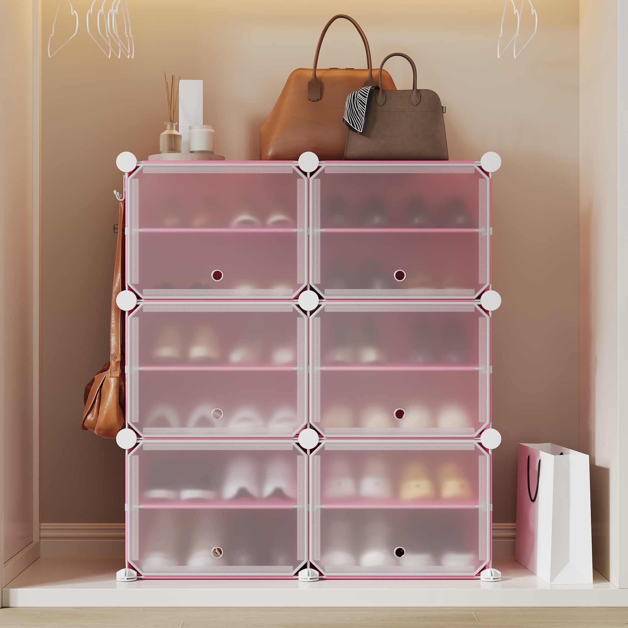 Modular 6-Cube Shoe Storage Cabinet with Doors – 6-Tier Plastic Shoe Organizer – Space-Saving – Easy DIY Assembly – for Entryway, Bedroom, Living Room – Pink