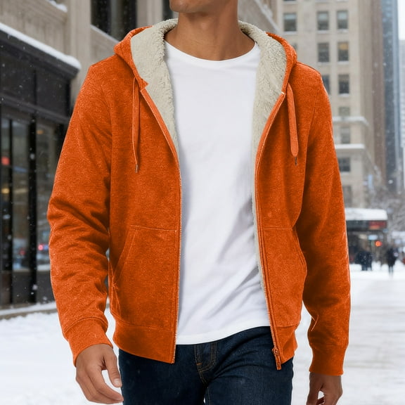 Domzest Mens Hoodies Solid Color Thermal Sherpa Lined Hooded Sweatshirts Relaxed Fit Full Zipper Drawstring Jackets Fall Fashion Coat with Pockets Orange 2XL