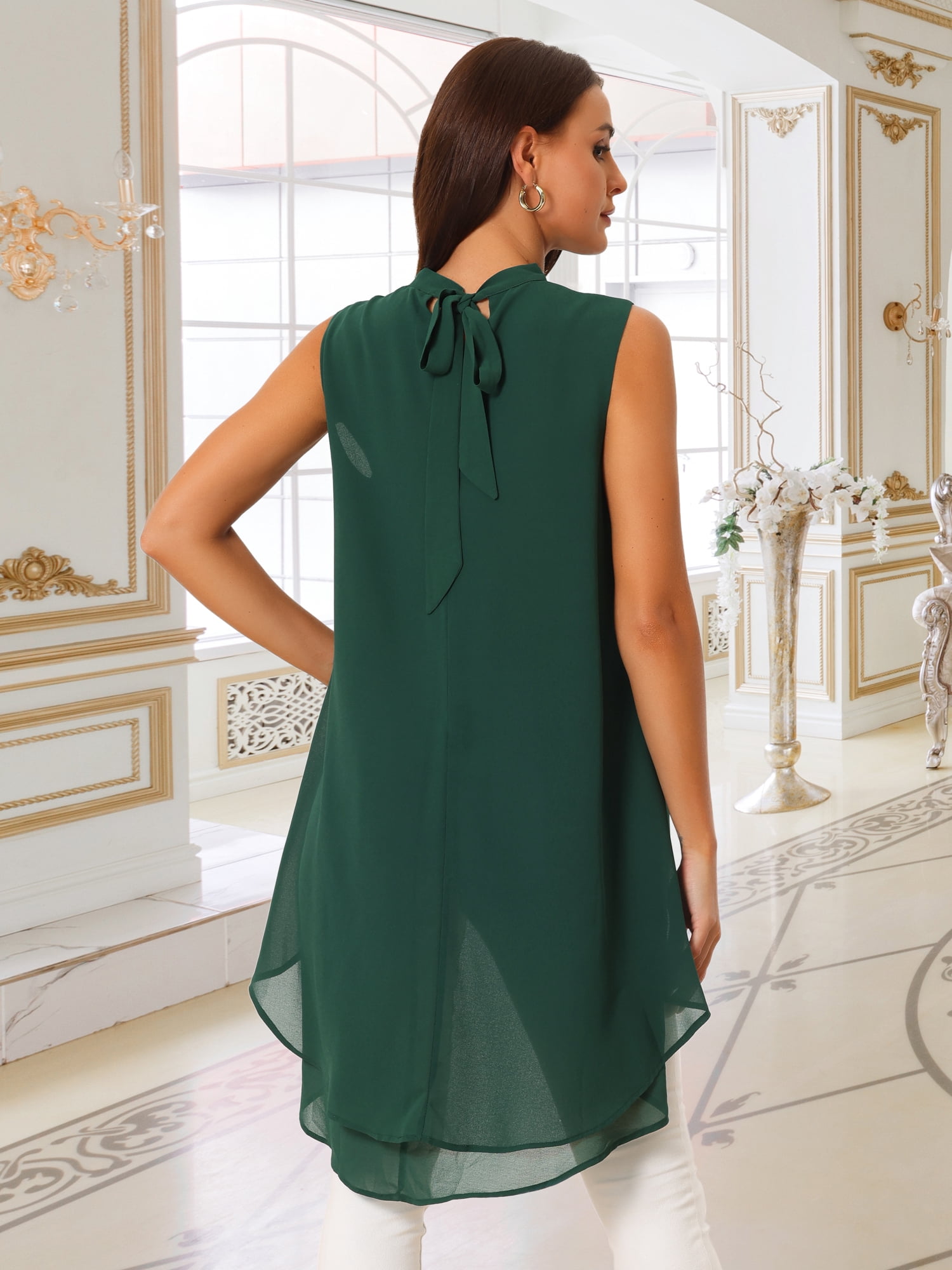 DARING DIVA Women's Tie Back High Low Mock Neck Blouse Tops XL Dark Green