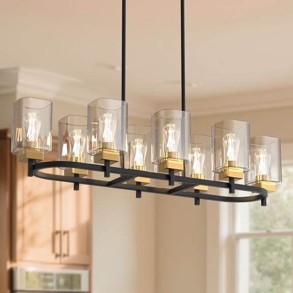 YANSUN 8-Light Black and Gold Mid-Century Modern Chandelier with Ring Design, Glass Shades for Dining Room, Kitchen Island