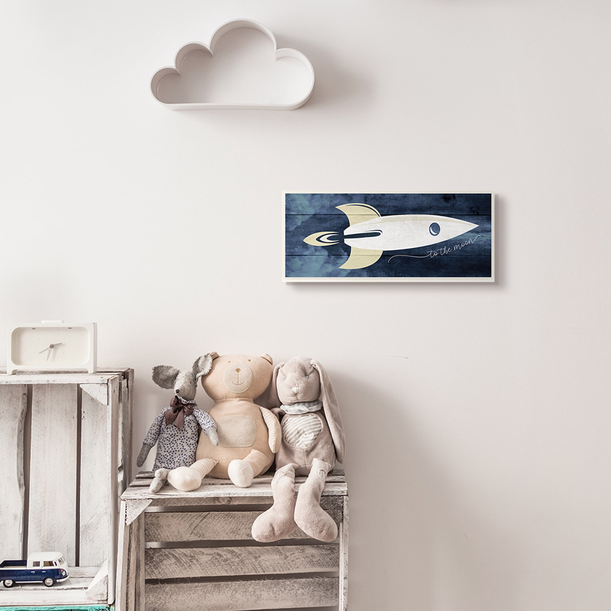 To The Moon Phrase Rustic Space Ship Blue 17 in x 7 in Framed Painting Art Print, by Stupell Home Décor