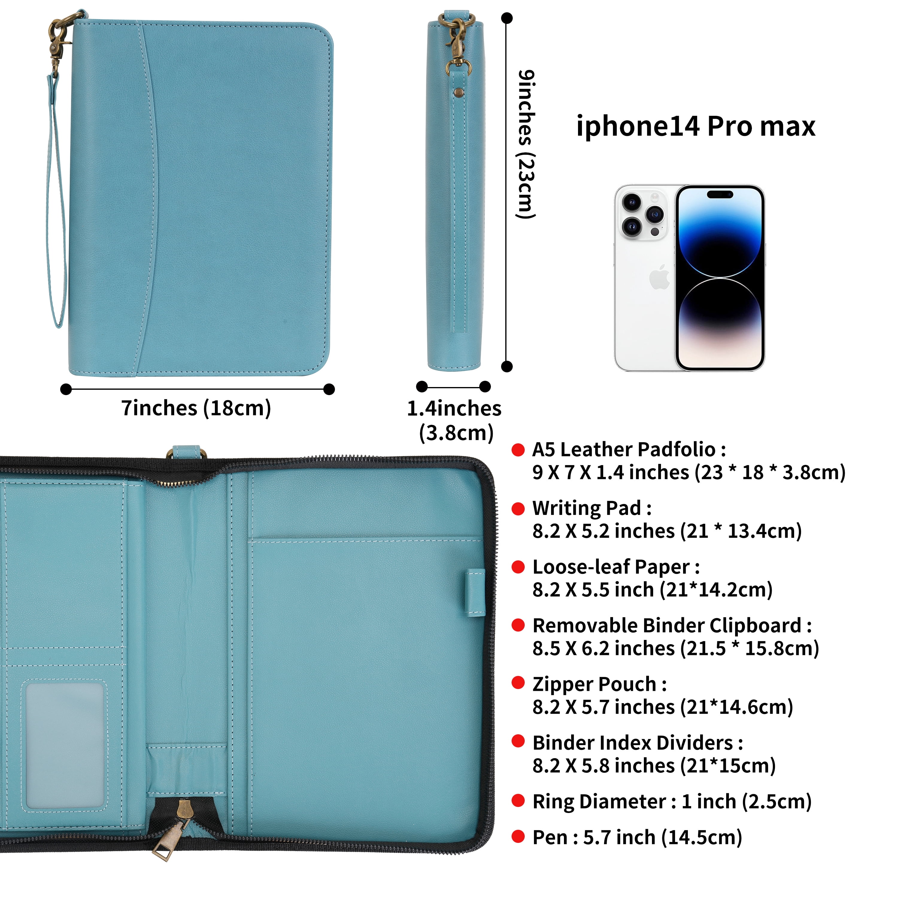 WASON Portfolio A5 Binder Journal with Zipper - Leather pu Writing Notebook Padfolio with Detachable Refillable Notebook, Legal Pad for Business Study and Travel Organizer (Cyan)