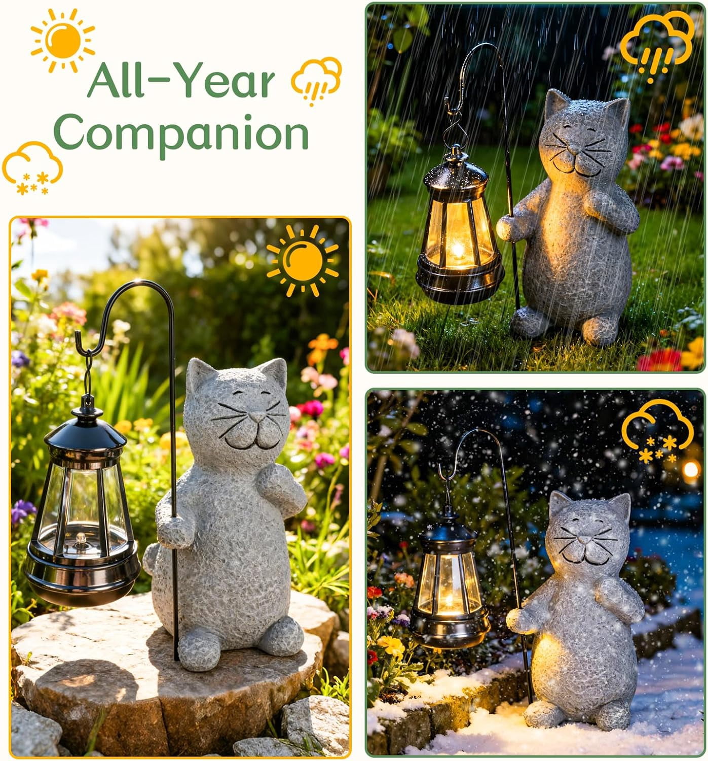 Solar Cat Garden Decor Outdoor Statues, Yard Art Lawn Ornaments, Outside Figurines Decorations for Home Patio Porch Balcony, Housewarming Gifts for Cat Lover (One Pack)