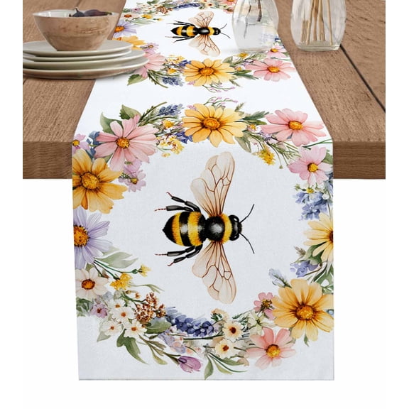 Spring Bee Wreath Table Runner 36 Inches, Farmhouse Watercolor Floral Bed Runner Dresser Scarves Tabletop for Indoor Outdoor Parties/Ceremony/Banquet, 13"x 36"