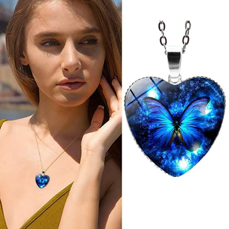 Pompotops Heart Pendant Necklaces Exquisite Dreamy Butterfly Necklace  Birthday Anniversary Jewelry Gift for Women Girls