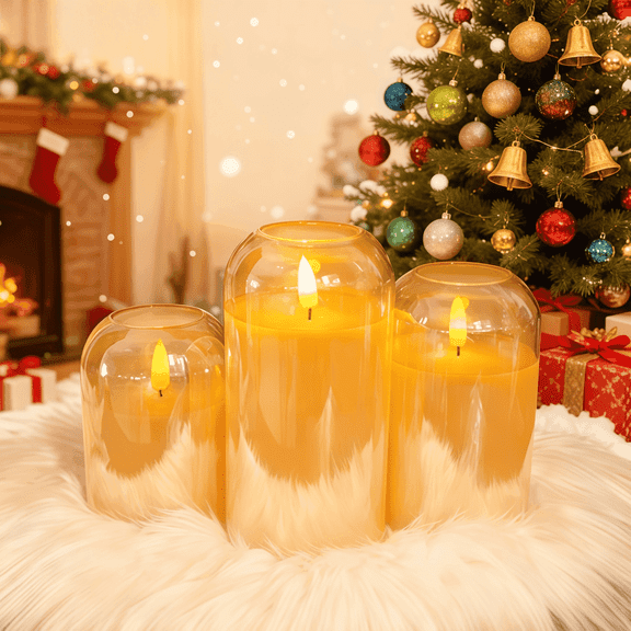 Goyuon Gold Flameless LED Pillar Candles, Battery Operated with Remote, with Timer, Realistic Flickering Flame, 3 Pack