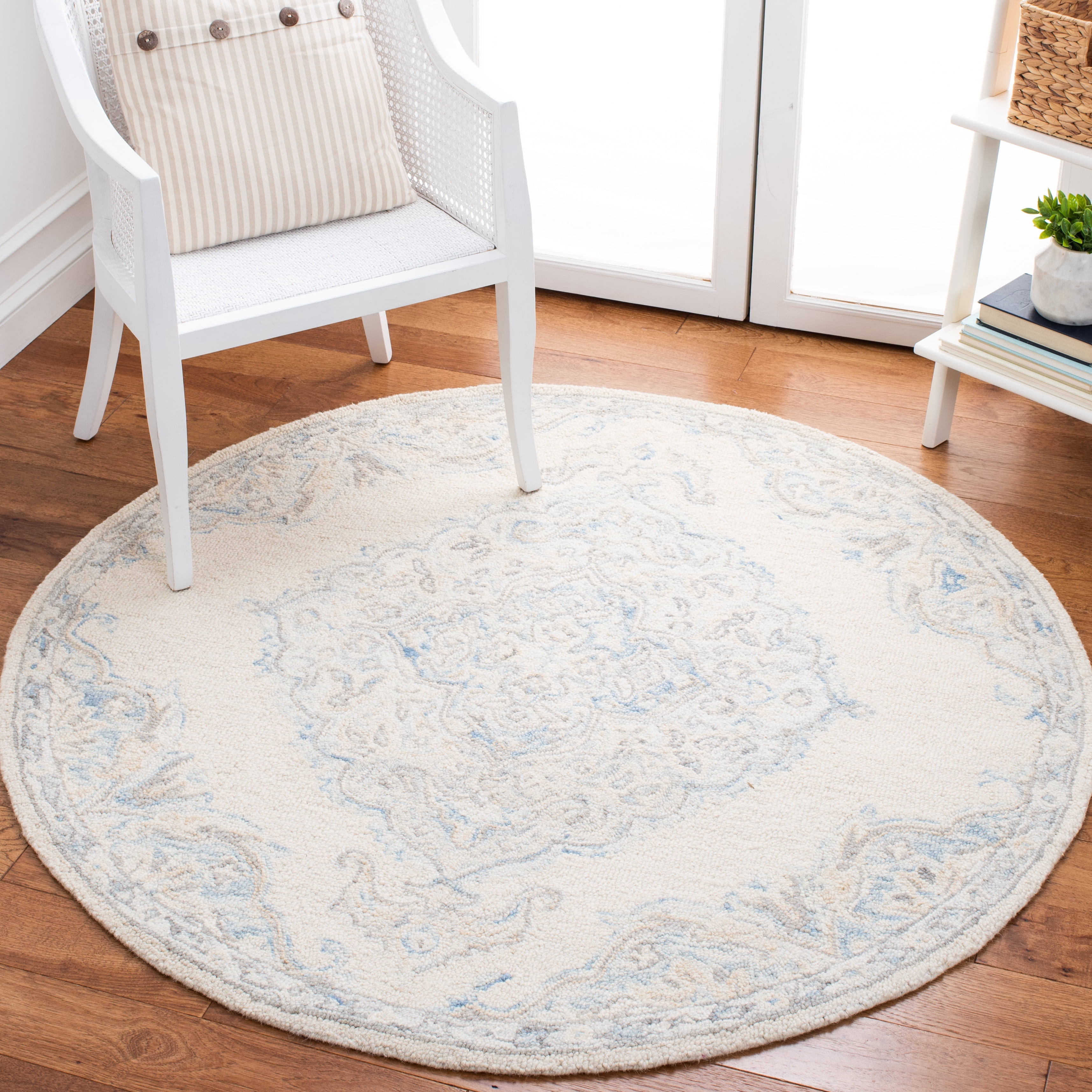 SAFAVIEH Micro-Loop Katina Medallion Area Rug, Ivory/Blue, 5' x 5' Round