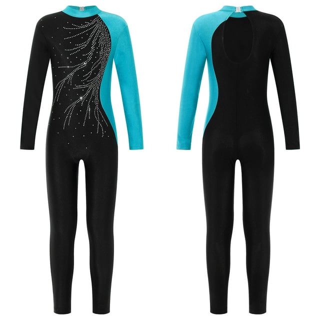 Sinleey Kids Girls Rhinestones Full Body Dance Unitard One Piece Figure Ice Skating Jumpsuit Ballet Leotard Blue Green 16
