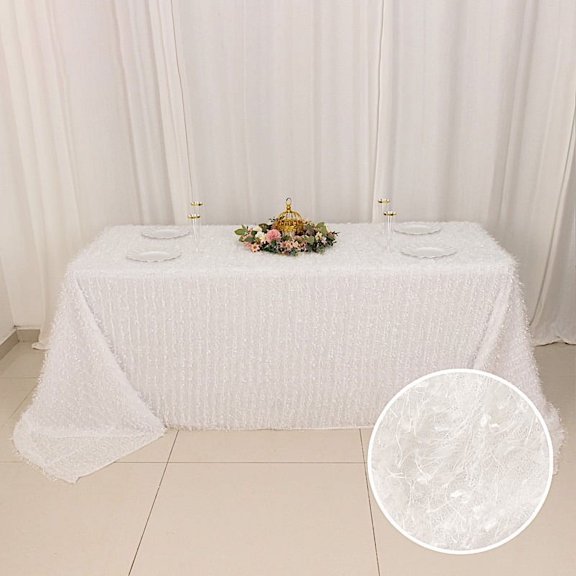 Balsa Circle 90x156 in White Shaggy Fringe Polyester Rectangle Tablecloth Party Events Home Decorations Supplies