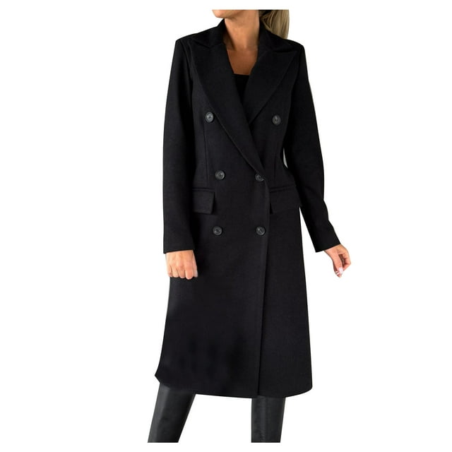 Hfyihgf Women's Double Breasted Trench Coat Classic Notch Collar Long Sleeve Peacoats Winter Warm Slim Fit Long Woolen Jackets Coat with Pockets Clearance(Black,M)