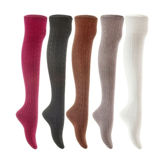 Lian LifeStyle Women's 5 Pair Adorable Comfortable Soft Thigh High Over Knee High Cotton Socks Size 6-9 L1024 Wine,Black,Coffee,Dark Grey,White