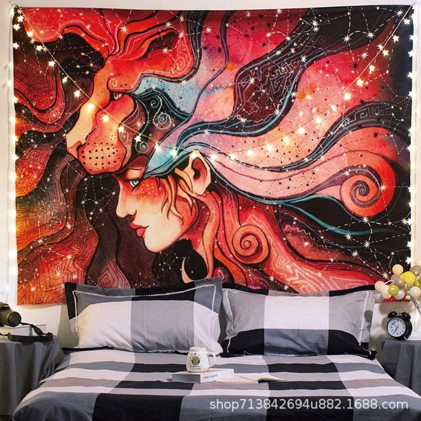 Tapiz de pared de estilo nórdico para fondos de fotografías, papel tapiz abstracto para dormitorios, con niñas, tela de terciopelo grueso, 150 x 130 cm, con una lámpara de luz de estrellas de 6 m.