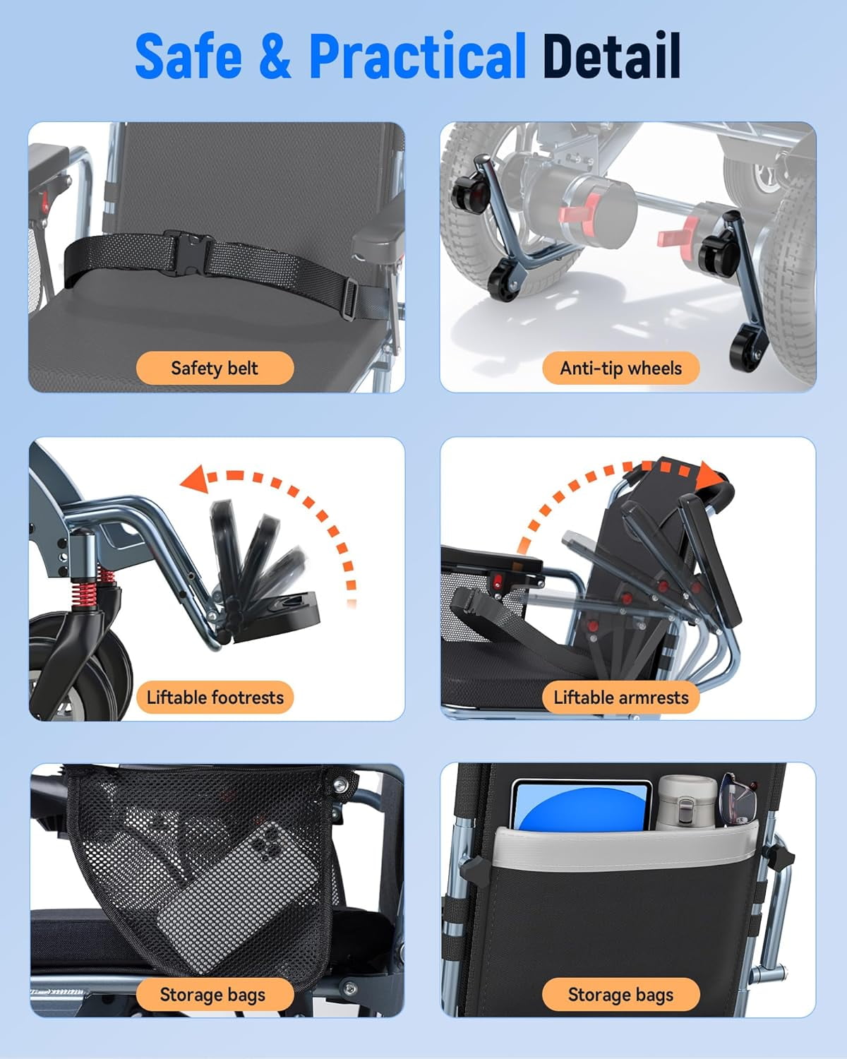 SACVON Lightweight Foldable Electric Wheelchair, 56 lbs, All-Terrain Design, 22-Mile Range, 2 Storage Bags,Free Lifetime Support