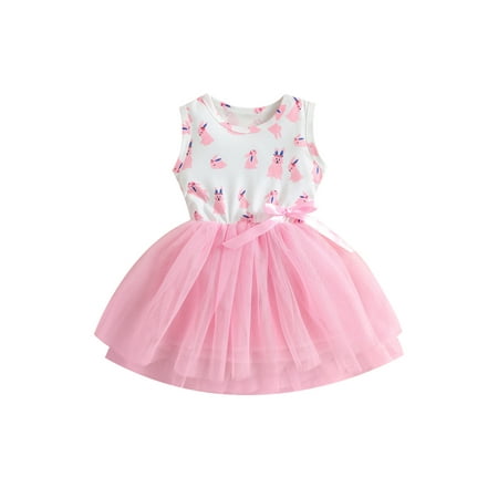 

Calsunbaby Little Girls Easter Multi-layer Yarn Dress Rabbit Print Sleeveless Round Neck Princess Skirt