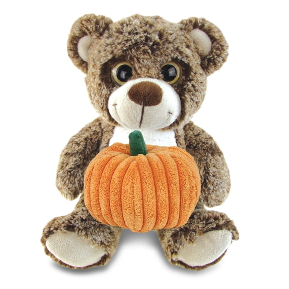 DolliBu Super Soft Sitting Brown Bear Stuffed Animal with Pumpkin Plush Decor - Bear Pumpkin Plush Animal for Fall, Halloween and Thanksgiving, Pumpkin Plush Toy for Kids, Adults - 9 Inches