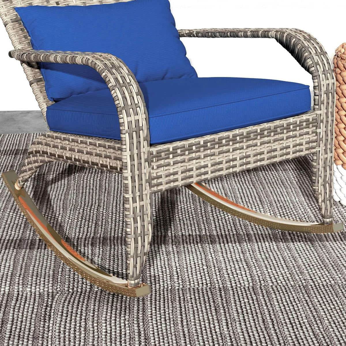 Yardi Yarda Adirondack Chair with High Back and Seat Cushion, Outdoor Wicker Rocking Chair with Pillow, Dark Blue