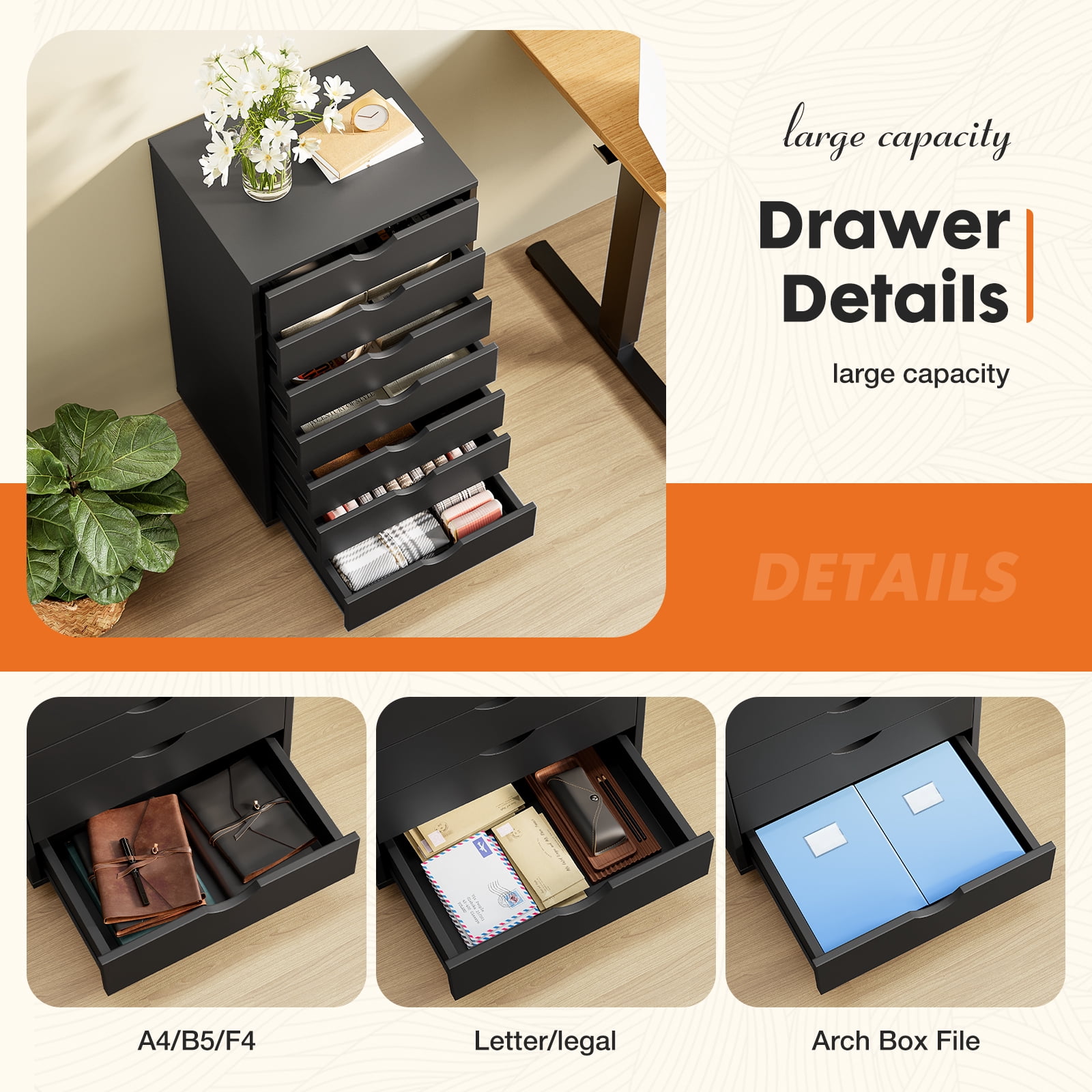 CONCETTA 7-Drawer Wooden Storage Chest, Mobile File Cabinet with Wheels, Versatile Dresser for Home, Office, or Bedroom Organization, Black