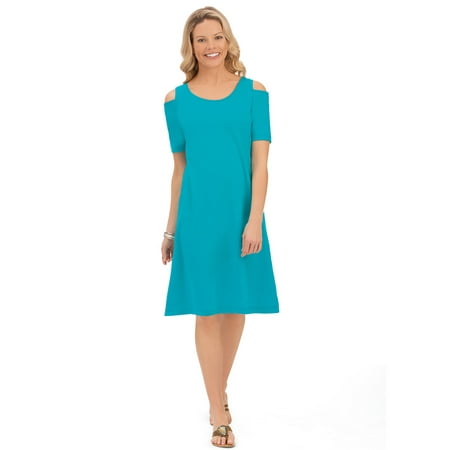 Knit Cotton Dress - Women's Cold Shoulder Cotton Knit Short Sleeve A-Line Dress with Scoop Neckline