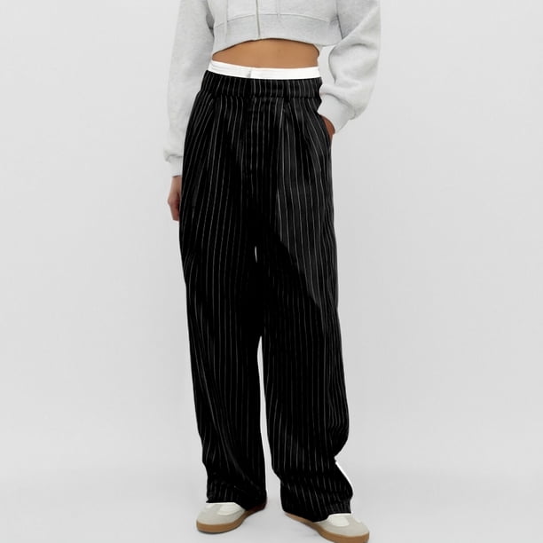 WILLBEST Pantalones Casuales de Verano para Mujer, con Rayas, Cintura Alta, Patchwork, Bolsillos Colgantes, Pierna Recta, Pantalones de Traje Casuales para Mujer Moderna Extra Grande