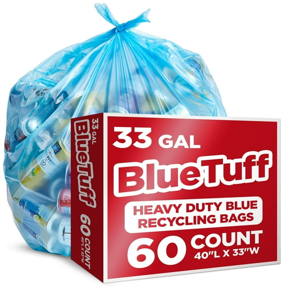 Heavy-Duty Blue Recycling Bags, 60-Pack Blue Garbage Bags For Recycling | 33-Gallon Capacity| Commercial, Industrial or Home Use