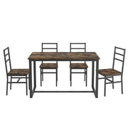 Wood Kitchen Table Set with 4 Chairs, Compact Space Dining Room Set, Brown High Backrest Dining Table and Chairs Set for Kitchen, Bar, Breakfast Nook