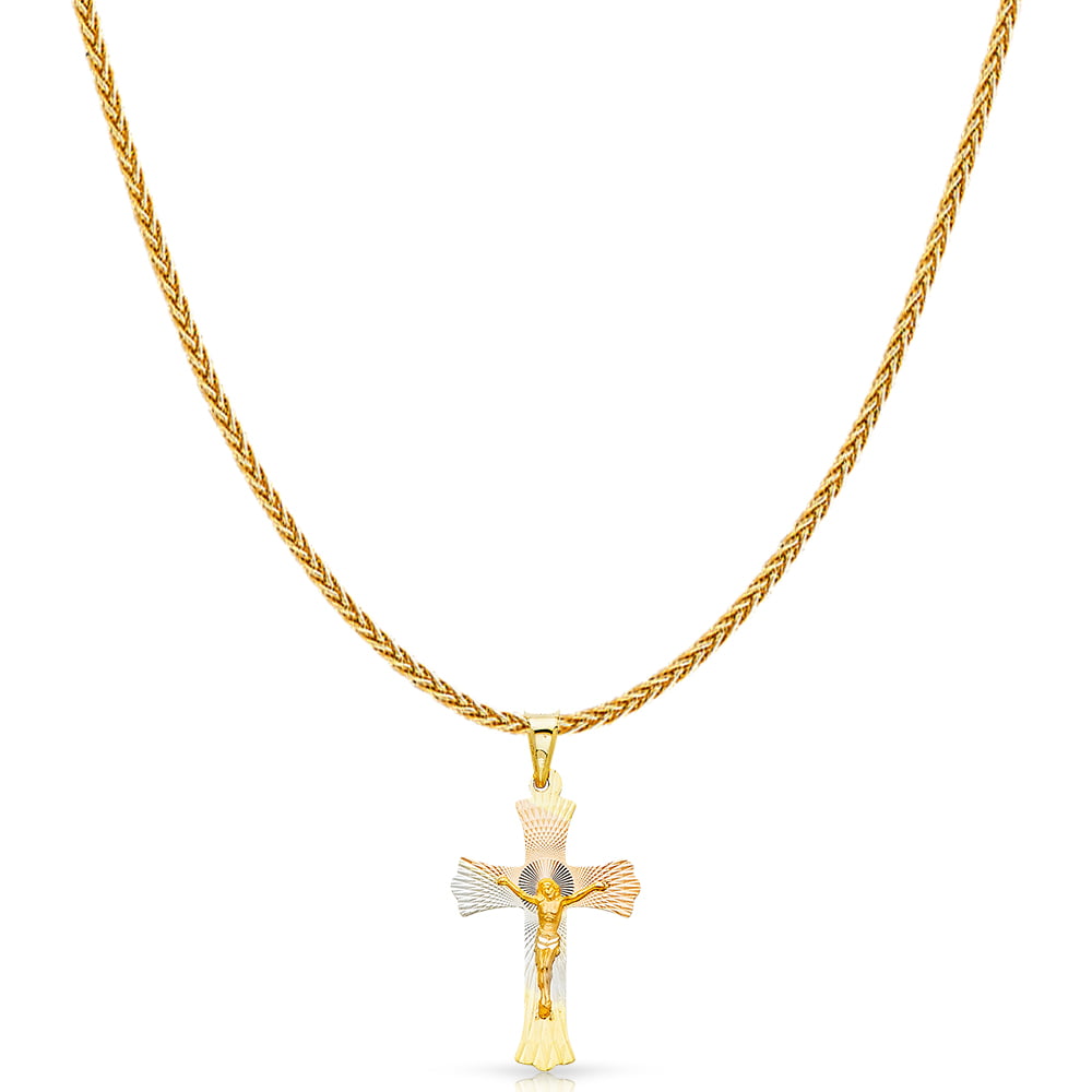 14K Tri Color Gold Diamond Cut Crucifix Jesus Cross Stamp Charm Pendant with 1.1mm Wheat Chain Necklace 