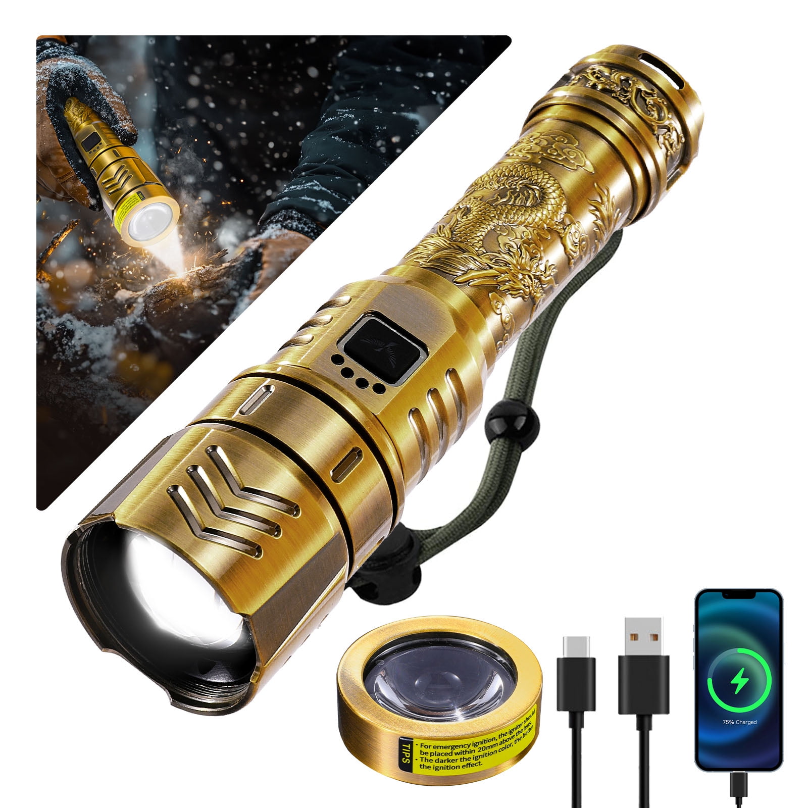 SKYFIRE LED High-brightness Gold Dragon Pattern Flashlight, 4000mAh rechargeable flashlight with ignition lens, zoom function, four modes, suitable for camping, outdoor and household use