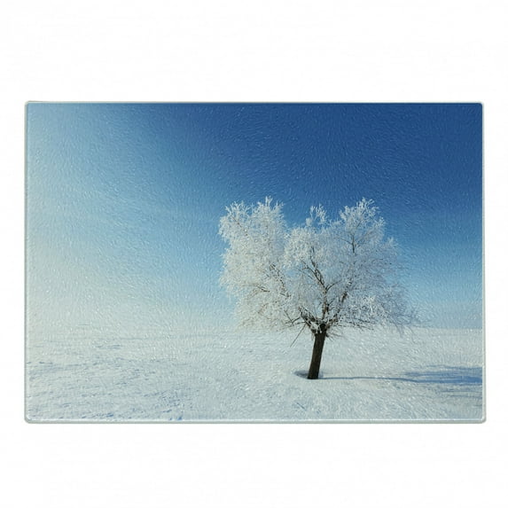 Winter Cutting Board, Single Tree on Snow Cover Field with Vibrant Sky Blizzard Frozen Concept, Decorative Tempered Glass Cutting and Serving Board, Small Size, Blue White, by Ambesonne