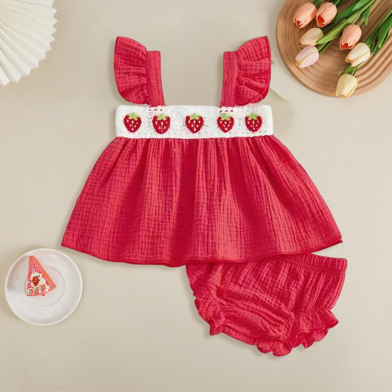 Dakiuu Baby Girls Summer Clothes Cute Strawberry Crochet Ruffle Tops Dress Shorts Outfit Set Newborn Infant Toddler Sleeveless Shirt Blouse Bloomers Princess Outfit 0-18 Months