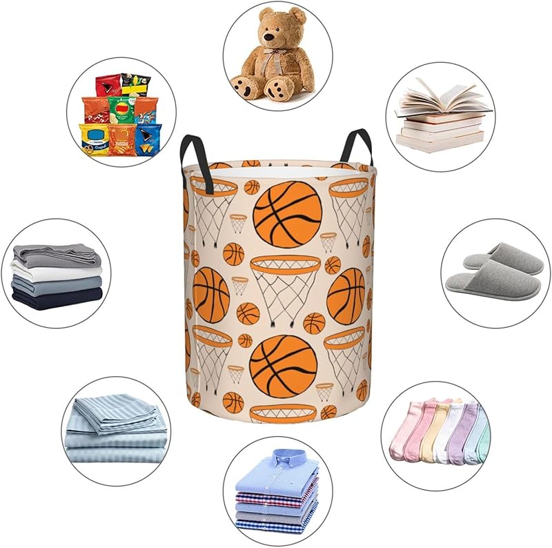 Basketball Balls Sport Theme Round Laundry Hamper Storage Basket Toys Clothes Organizer Bin For Home Bathroom Bedroom Dorm Nursery