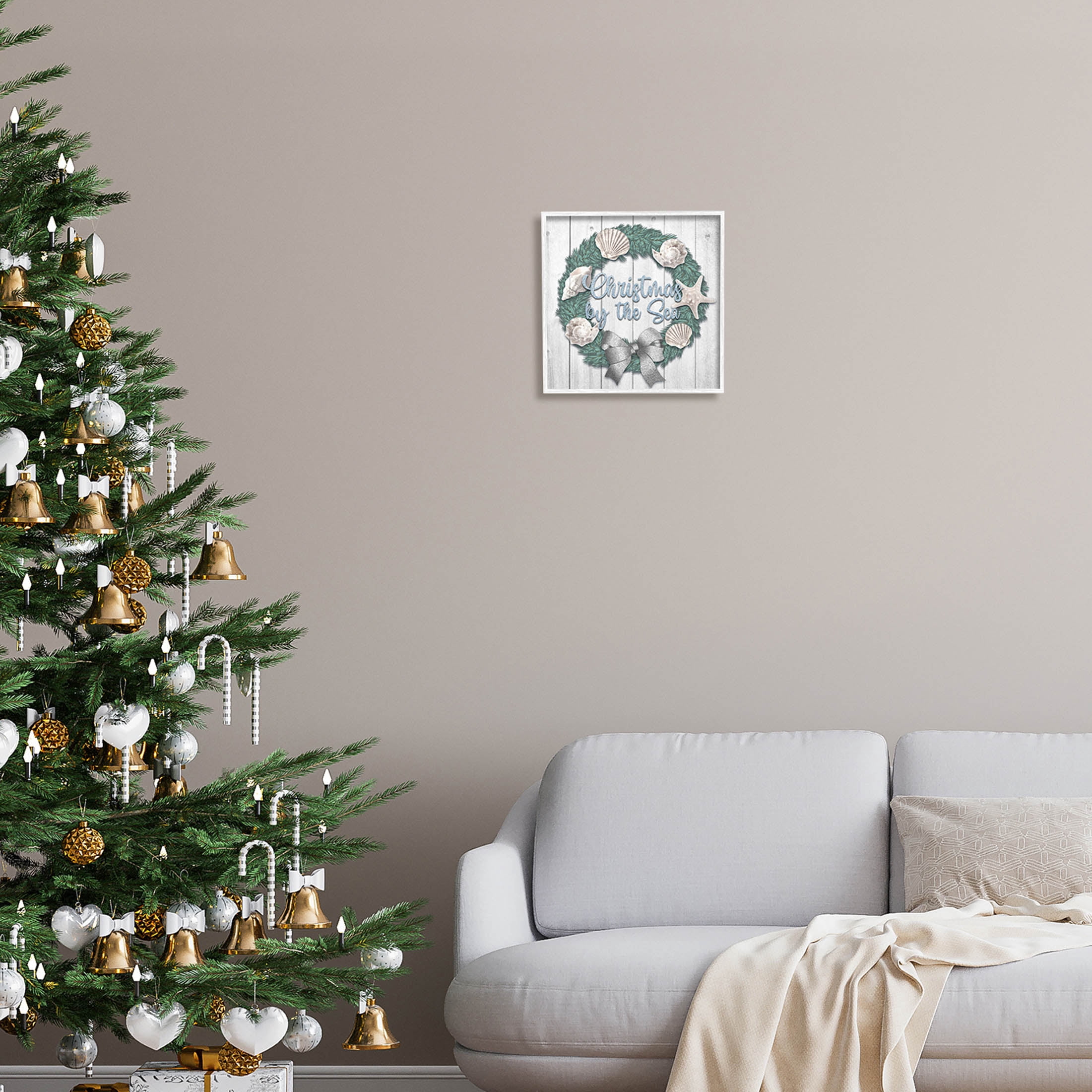 Stupell Industries Christmas By The Sea Nautical Wreath Graphic Art White Framed Art Print Wall Art, Design by Marcus Prime