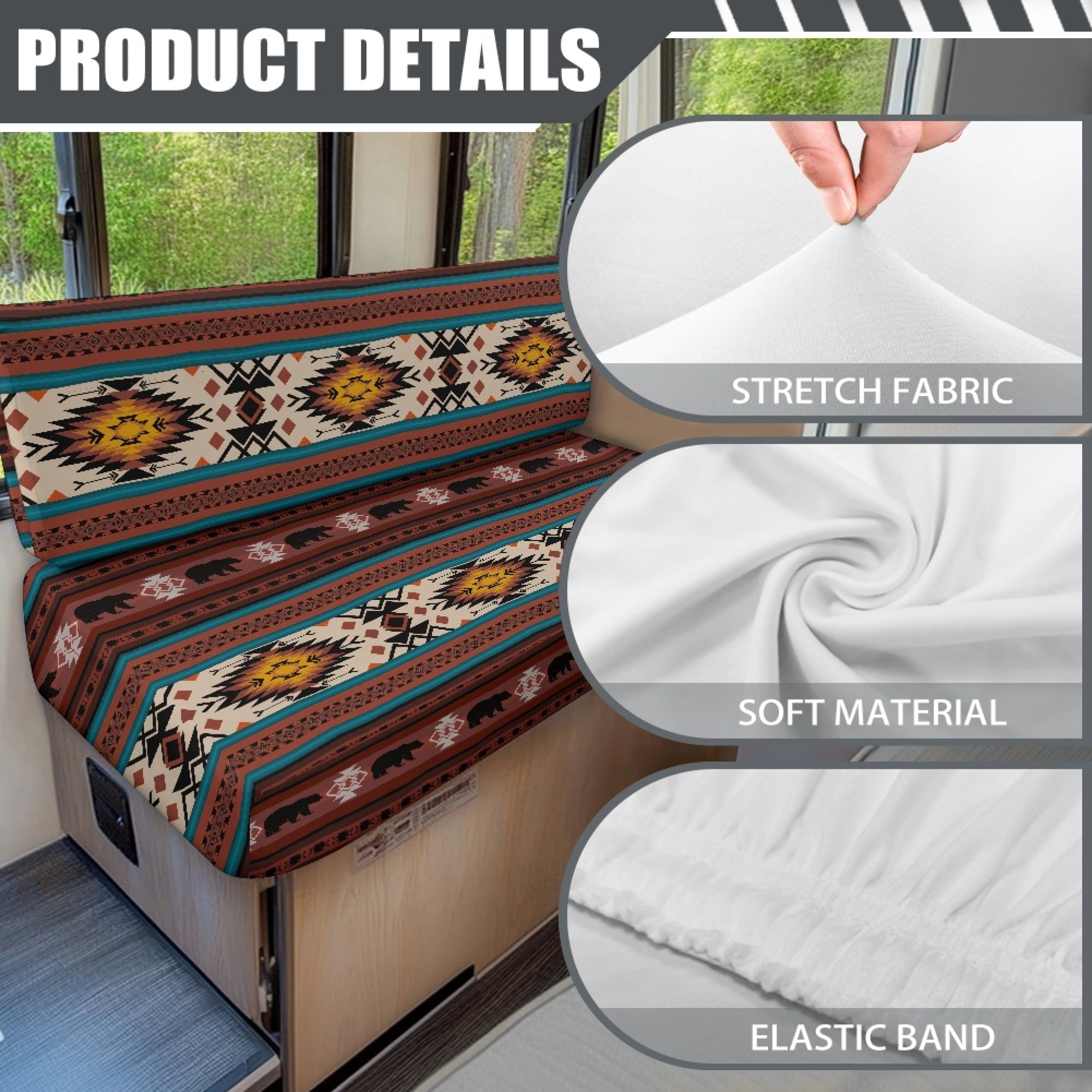 FOR U DESIGNS Bear Amercian Tribal Pattern 2 Pack RV Dinette Cushion Covers Washable Camper Cushion Slipcover Scratch-Resistant Sofa Chair Cover Camper Seat Covers Dinette Booth