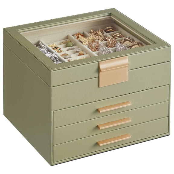SONGMICS Jewelry Box with Glass Lid, 4-Layer, 3 Drawers, Olive, Cream White