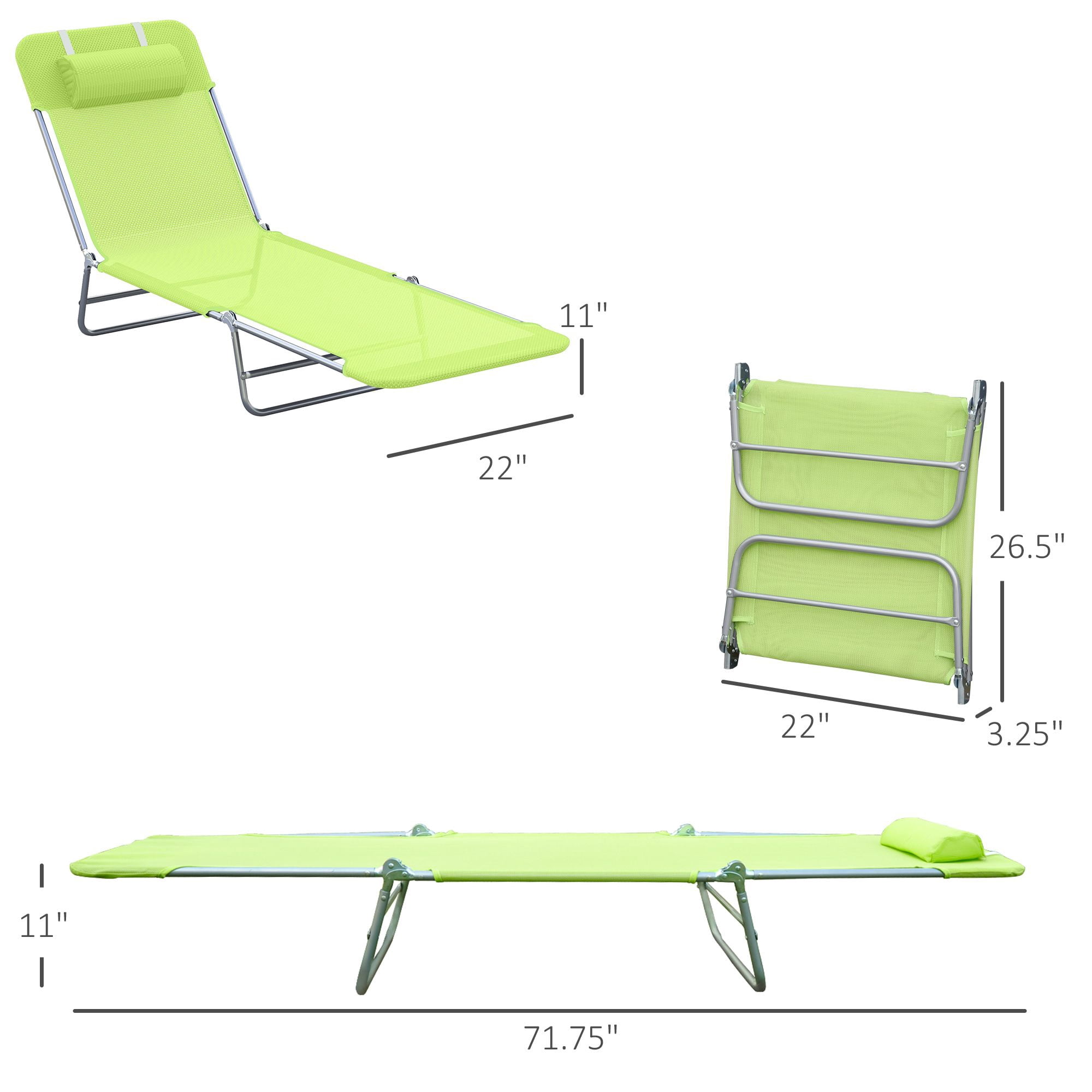 Folding Chaise Lounge Chair, Green, Portable, 6-Level Adjustable Back, Pillow Included, Ideal for Patio, Garden, Beach
