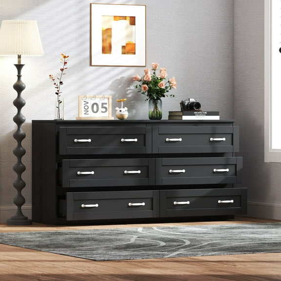 Modern black side cabinet with 6 drawers , Wood Chest of Drawers with Metal Handle, Storage Organizer for Living Room , Bedroom or Hallway, Black