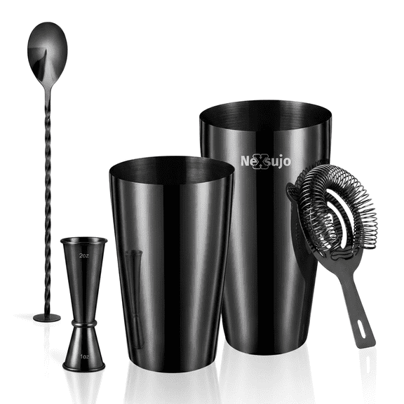 Boston Cocktail Shaker Set, 4 Pcs Professional Cocktail Shaker Kit with Hawthorne Strainer, Jigger & Bar Spoon, Stainless Steel Bartender Tools, Dishwasher Safe Martini Shaker for Home Bar, Black